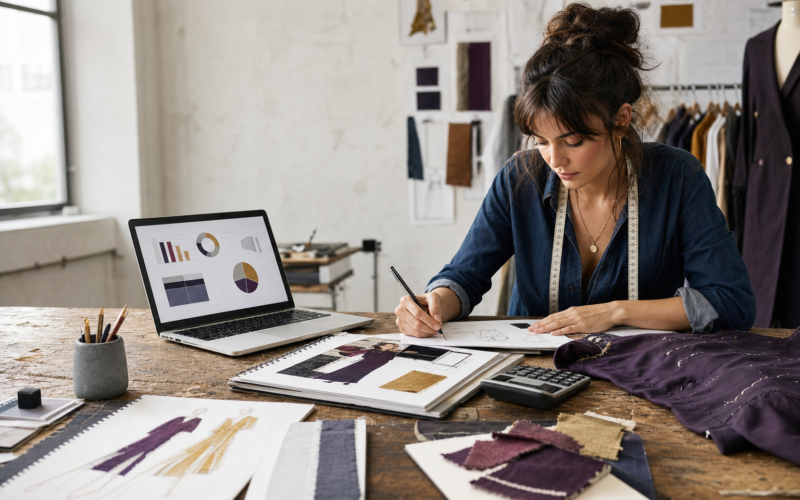 Grant-application papers, fabric swatches, and a laptop on a fashion designer’s studio table.
