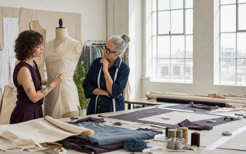 An emerging designer and mentor review a muslin garment prototype in a working studio.