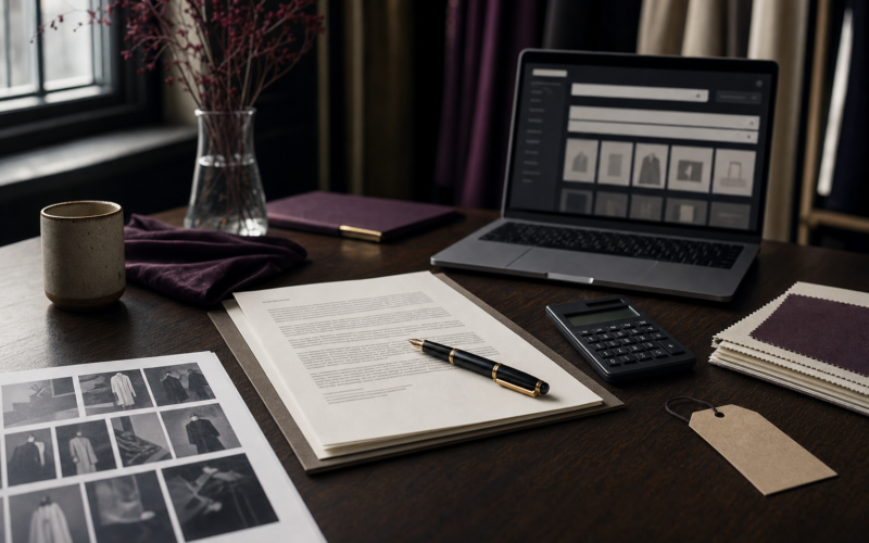 Contract papers, fabric samples, and business tools arranged on a dark desk.