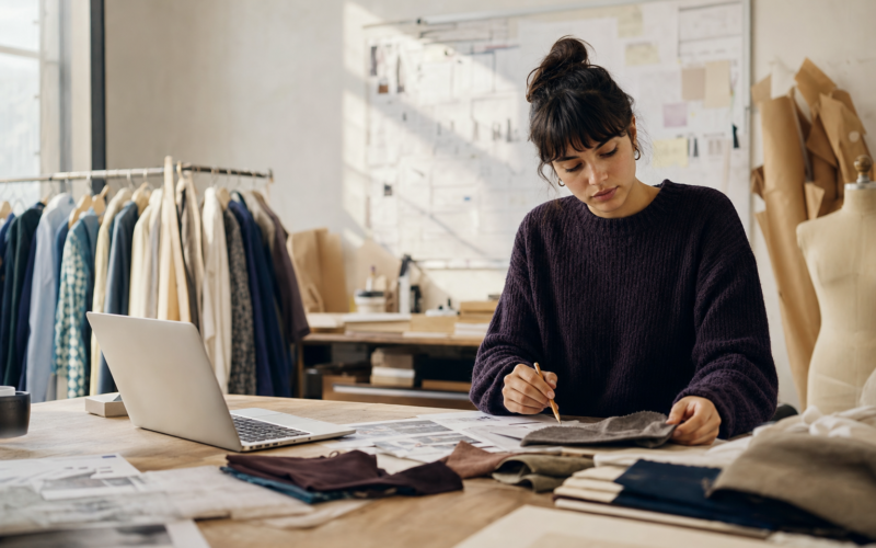 A fashion professional reviews samples and planning materials at a studio desk.