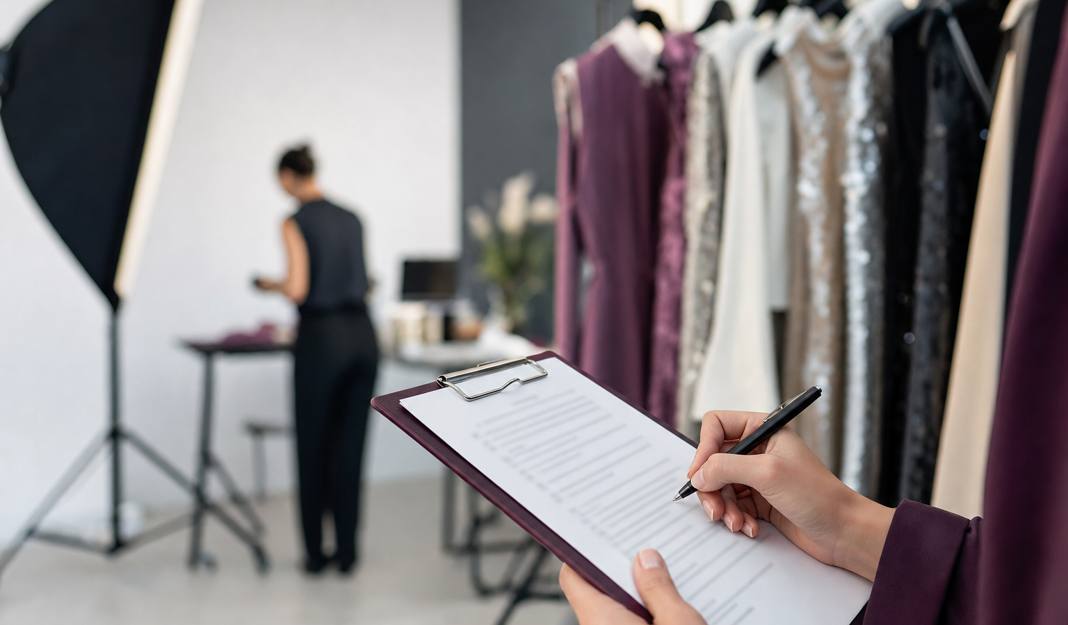 A model reviews a release form backstage before a fashion shoot.