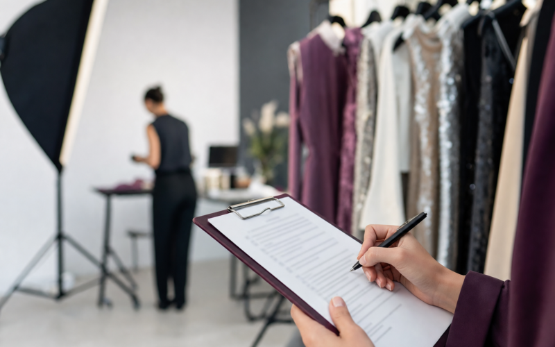 A model reviews a release form backstage before a fashion shoot.