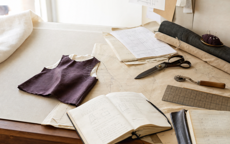 Patternmaking tools, fabric, and planning materials on a worktable.