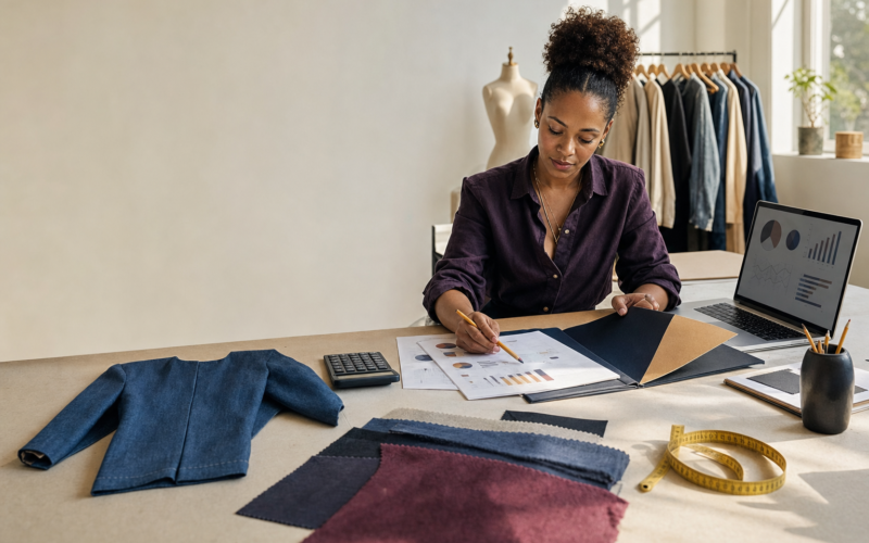An independent fashion entrepreneur reviews funding materials, fabric swatches, a garment prototype, and financial planning tools in a daylight studio.